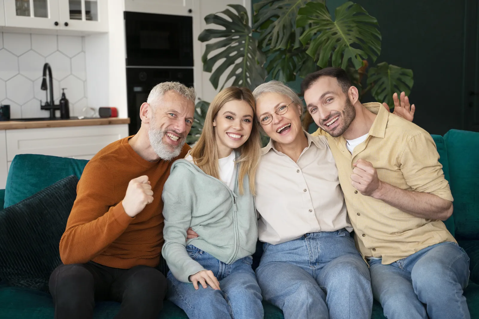 Adult children and their parents smiling together on a couch